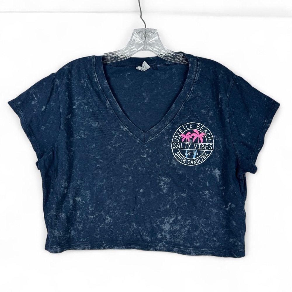 Bloom‎ + Pop Blue Crop Top Tie T-Shirt Womens Medium Myrtle Beach Acid Wash Top